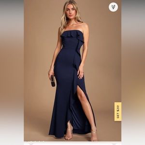 LULUS Valerie navy blue ruffled strapless long dress